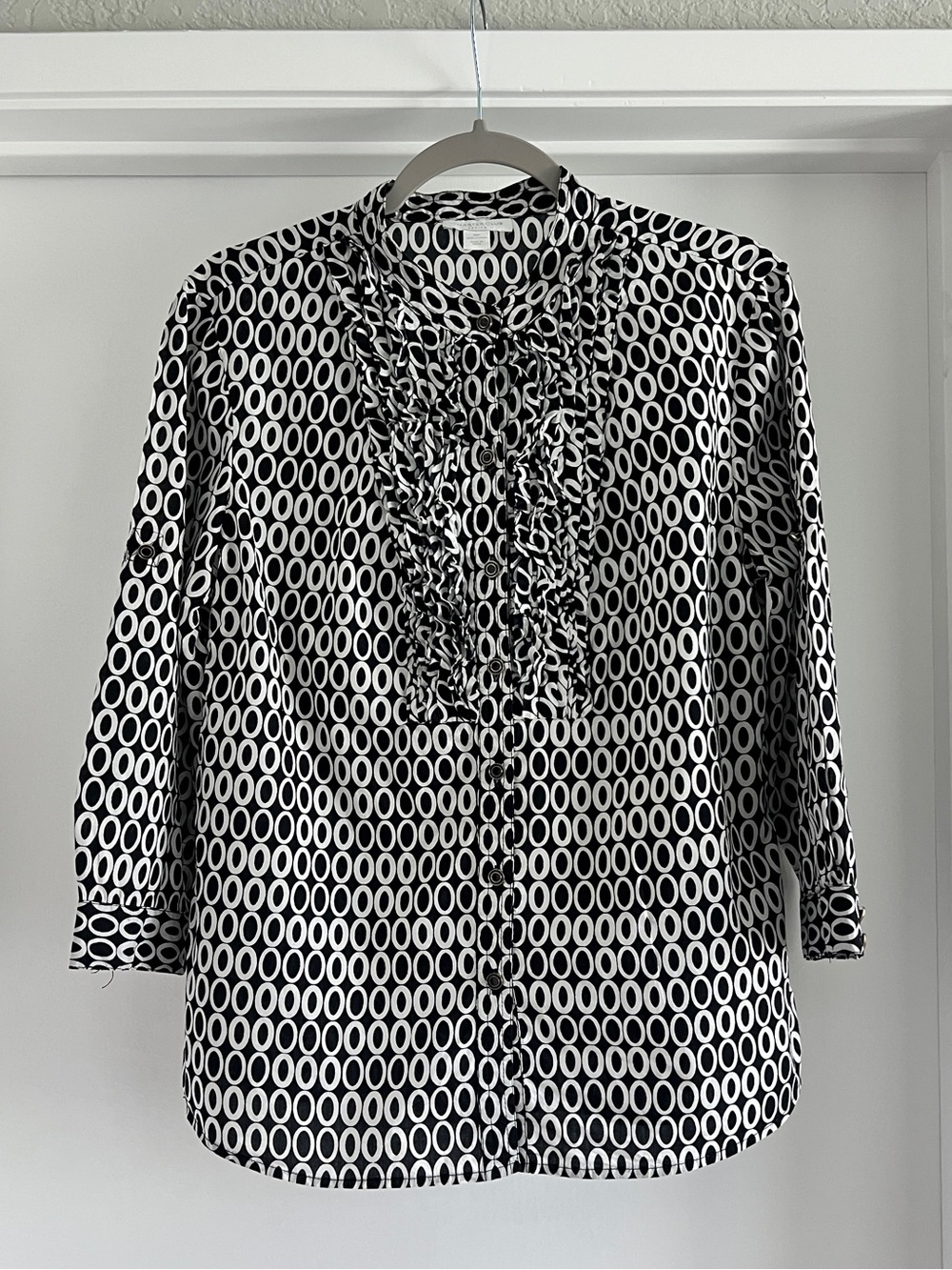 Charter Club Black & White Ruffle-Front Geometric Blouse